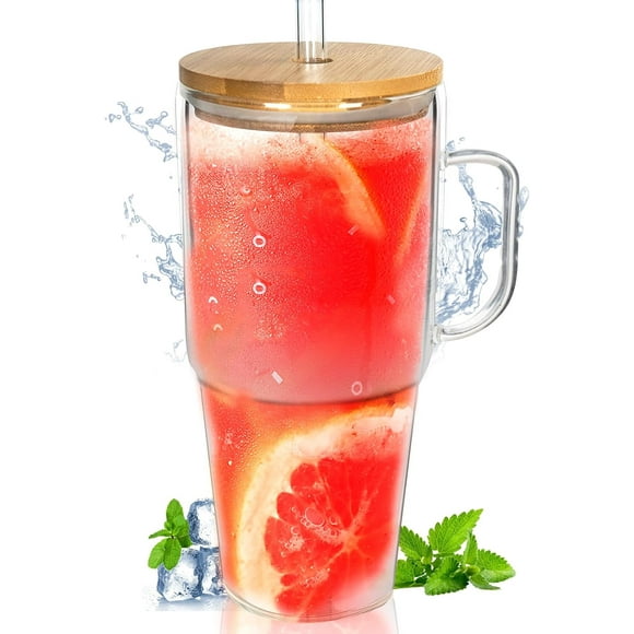 Glass Cups with Lids and Straws - 40 Oz Tumbler with Handle and Straw Glass Water Bottles Drinking Glasses with Straws Iced Coffee Cups Travel Coffee Mug Smoothie Tumbler