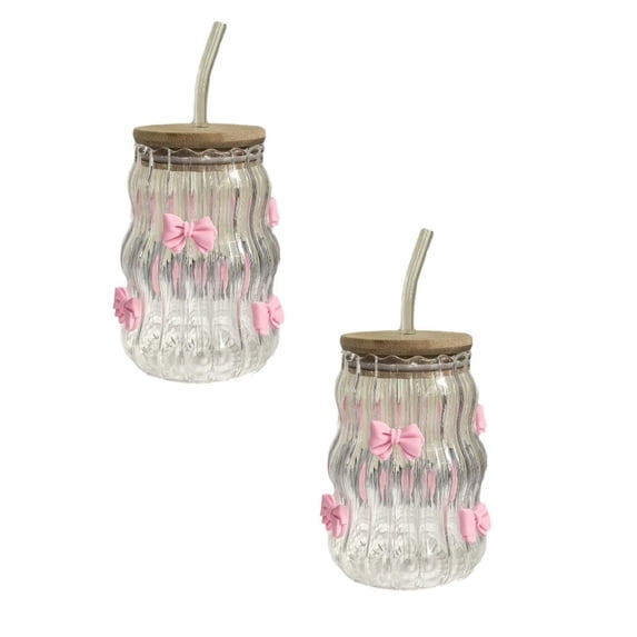 Glass Cups with Lids and Straws, 450ml Ripple Shaped Iced Coffee Cup with Bow Decor, Heat-Resistant Glass Coffee Cup for Beverage Juice, Whiskey, Soda, Milk, Tea - (450ML Glass Cup)_2Pcs