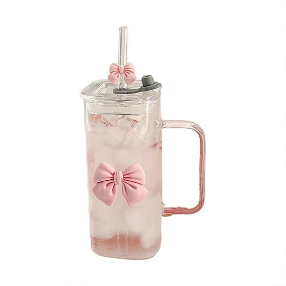 Transparent Glass Cup with Lid and Straw, Square Thickened Glass Mug with Pink Bow, Heat Cold Resistant Drinkware for Women, Geometric Drinking Glassware for Home Office,Pink
