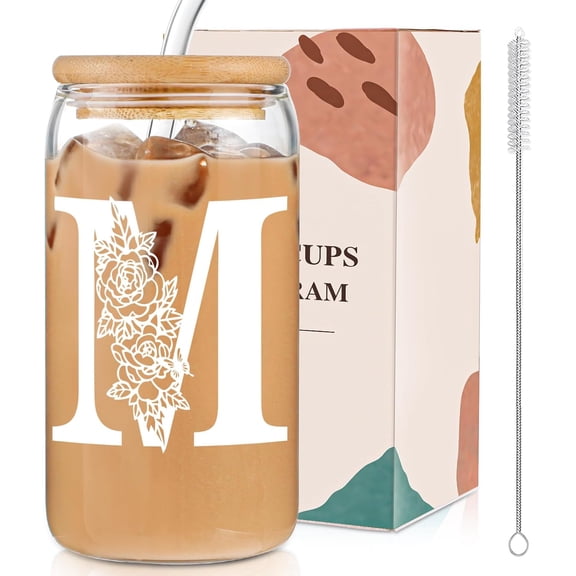Glass Cups with Lids and Straws: Personalized Initial Glass Cup Be Used As Reusable Iced Coffee Cups with Lids,Cute Matcha Tumbler - The Christmas/Birthday Gifts for Women - M Smoothie Cup