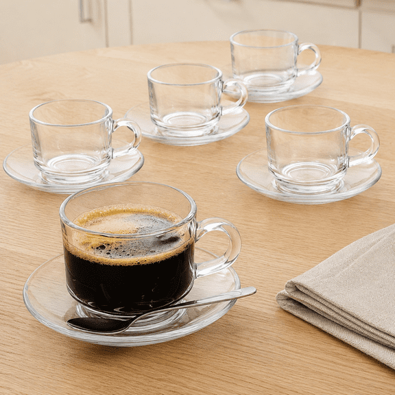 Glass Cups and Saucers Set of 6, Clear Coffee Mugs with Stainless Steel Spoon, Dishwasher & Microwave Safe Teacups for Espresso, Cappuccino, Latte, Juice, 6OZ/180ML