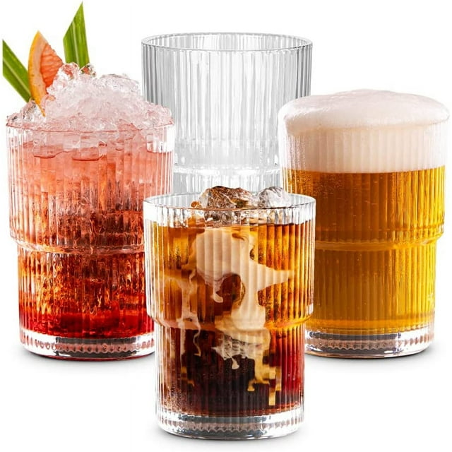 Glass Cups Set of 4, Combler Ribbed Glassware 15 oz, Ribbed Drinking