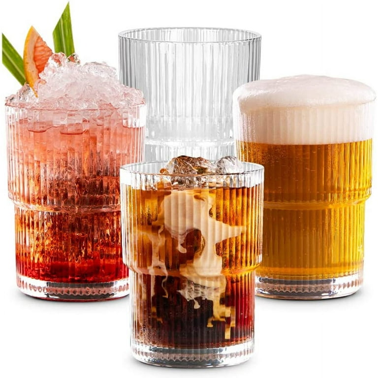 Glass Cups Set of 4, Combler Ribbed Glassware 15 oz, Ribbed Drinking  Glasses, Ribbed Glasses, Fluted Glassware for Whiskey, Cocktail Beer Iced  Coffee ...