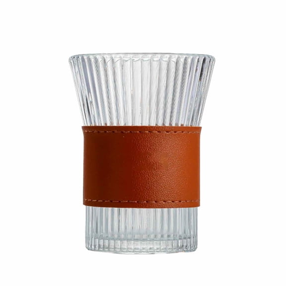 Glass Cups with Vintage Leather Cup Sleeve, Clear Striped Drinking Glasses Ice Coffee Bottle Glasses Fruit Juice Cup Great for Soda Cocktail Beer Whiskey (Leather Sleeve)