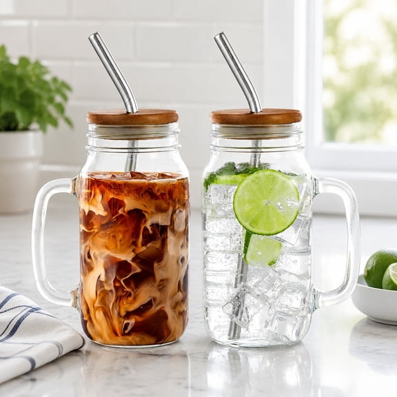 Glass Cups for Iced Coffee, 24oz Mason Jar with Lid and Straw, Mason Jar Coffee Cups with Handle, Set of 2 Drinking Glasses