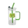 thumbnail image 1 of Glass Cups with Lids and Straws, Iced Coffee Cup, 13.5Floz Smoothie Cup, Cute Bow Cups for Girl Women, Drinking Glasses with Handle (Green), 1 of 6
