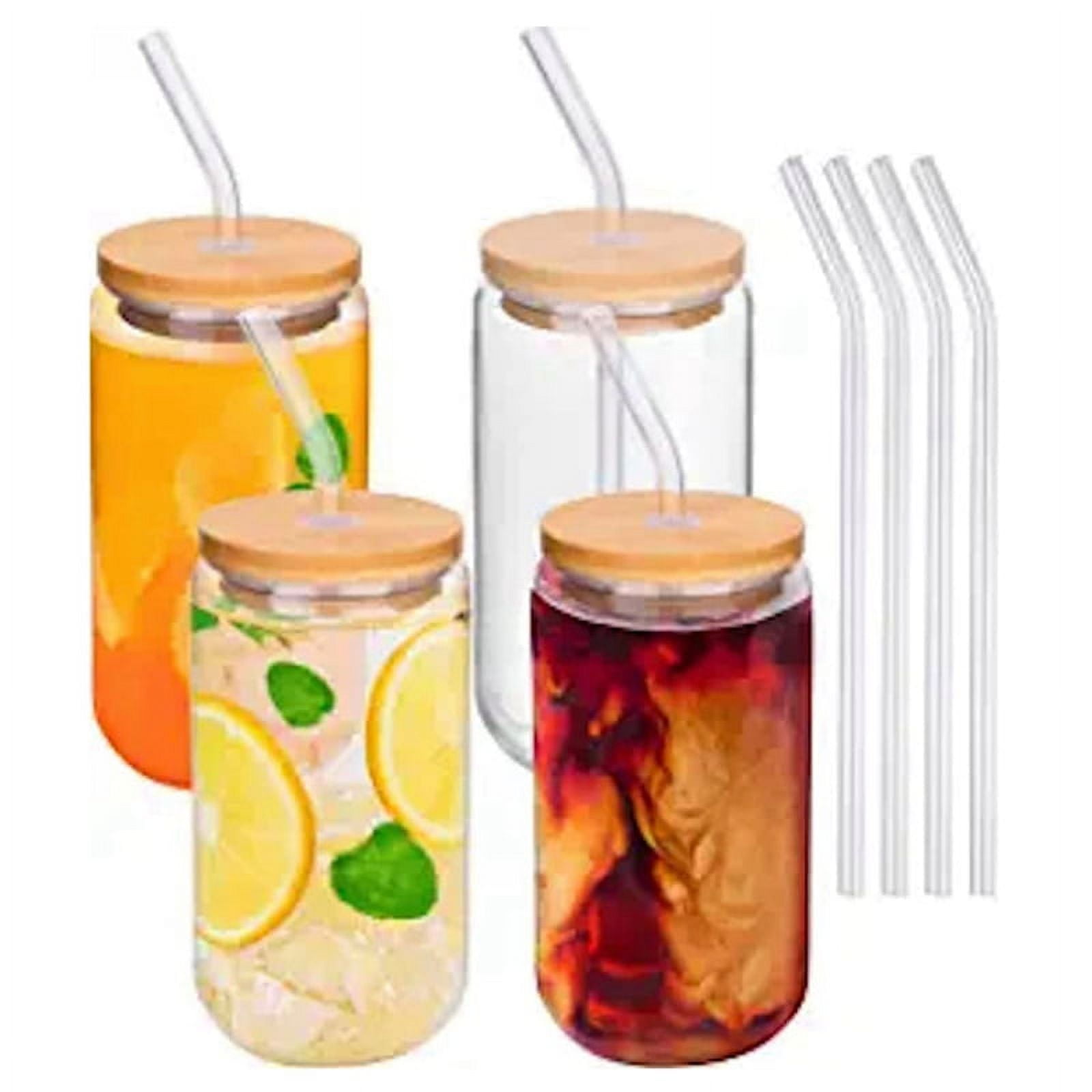Glass Cups with and Straws - 16oz Drinking Glasses 4pcs Set -Glass Coffee Cups with and Straw-Cute Coffee Cups, Size: One size, Other