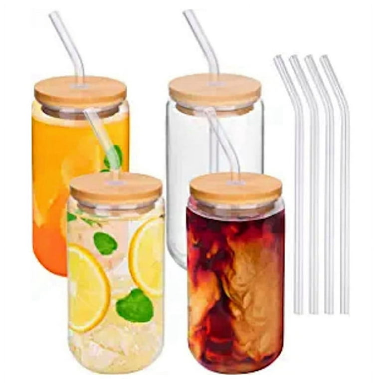 Glass Cups with Lids and Straws - 16Oz Drinking Glasses 4Pcs Set - Glass  Coffee