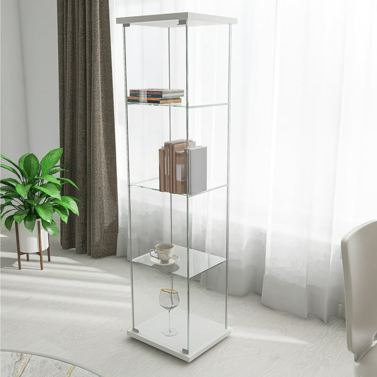 White 4-Shelf Glass Curio Cabinet, 64''H Bookcase with Tempered