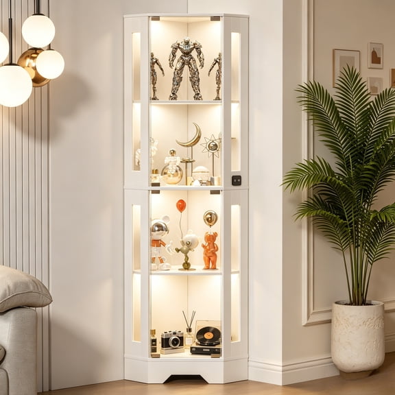 Glass Curio Showcase Cabinet 4-Tier Layout Corner Structure with Doors Built-In Storage Shelves Indoor Furniture for Dining and Living Area