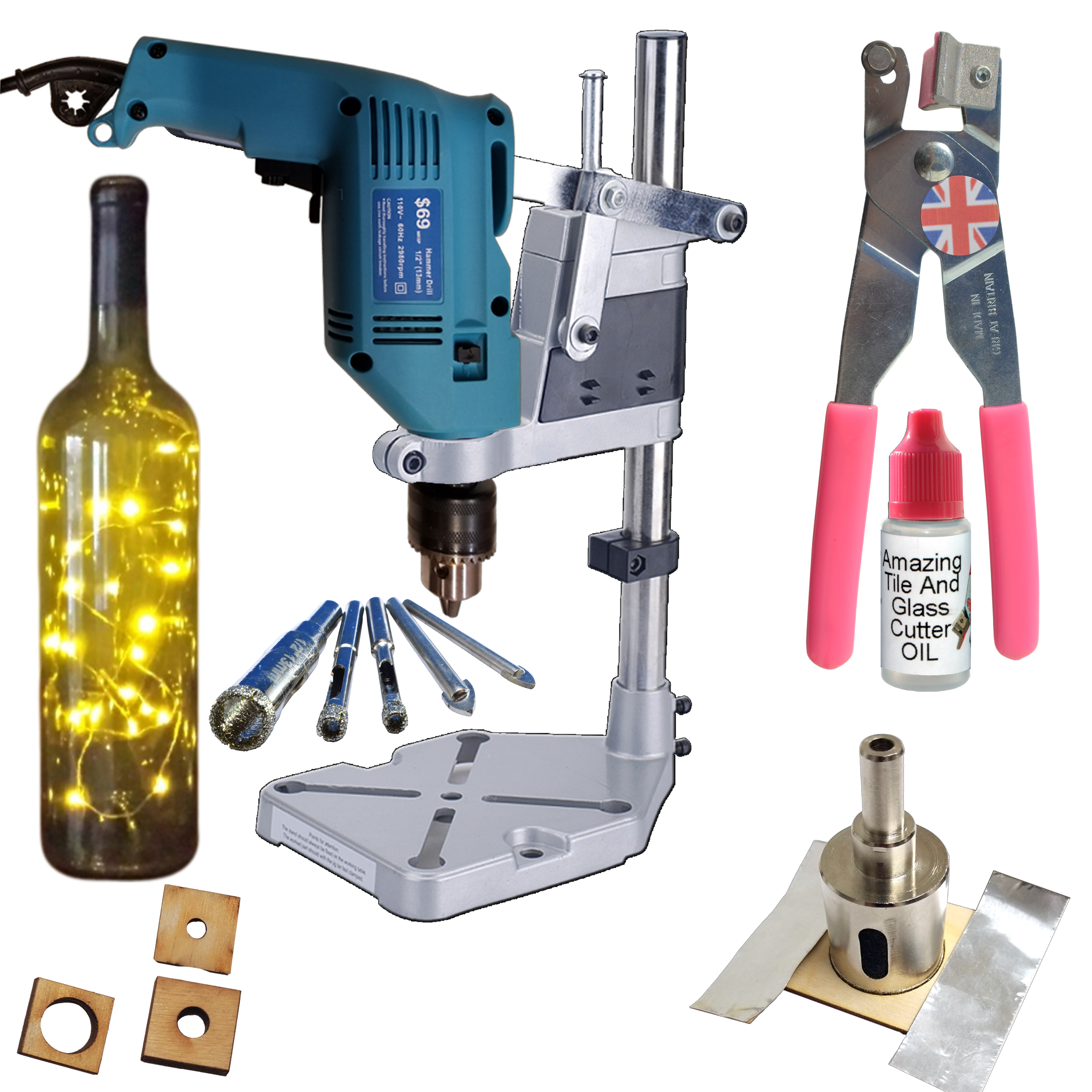 Glass Cutter Kit3 Drill and Drill Stand with Diamond Glass Drill Bit Kit for Diy Glass Lamp or Wine Bottle Bird Feeders Diamond Drill Bits & Guides Easily Put Holes in Glass Bottle - Cutter Oil inc.