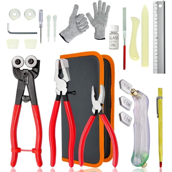 Glass Cutters Tools 24pcs Stained Glass Kit, with Wheeled Glass Nippers,Running Pliers,Breaker Grozer Pliers, Glass Cutter Head 2-20mm, Stained Glass Supplies for Mosaic,Glass,Tile Cutter