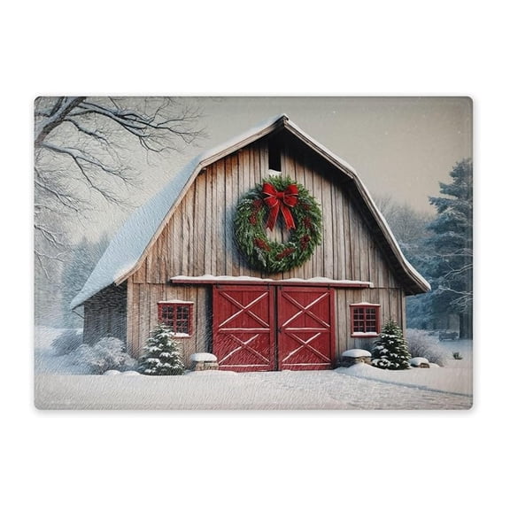 Glass Cutting Board, Winter Barn Scene, Tempered Glass, Rustic Christmas Farmhouse Design, Kitchen Counter Decor