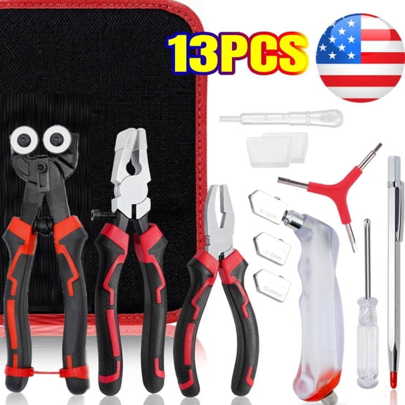 Glass Cutting Tool, 8" Tile Nippers, 8" Glass Running Pliers with Curved Jaws, 6" Breaker Grozer Pliers, Glass Cutter 2-20 MM, Glass Cutter Kit for Stained Glass Mosaic Tiles Mirrors, Zipper