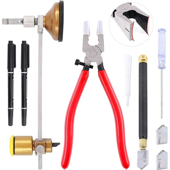 Glass Cutting Tool Set Contains Glass Running Pliers, 2mm-20mm Oil Feed Carbide Tip with 3 Bonus Blades, Calibrated Portable Circular Glass Cutter for Mirrors Windows Mosaic Stained Glass