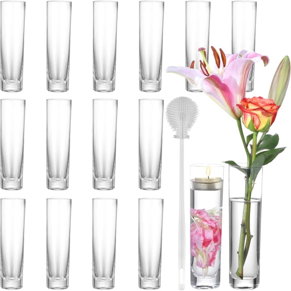 Glass Cylinder Bud Vases for Centerpieces  Set of 16 Handmade Clear Small Flower Vase 7.48 Inches Tall,Wedding Table Decor for Single Rose Vases Bulk,Small Vases Home Decor,Floreros,1 Brush