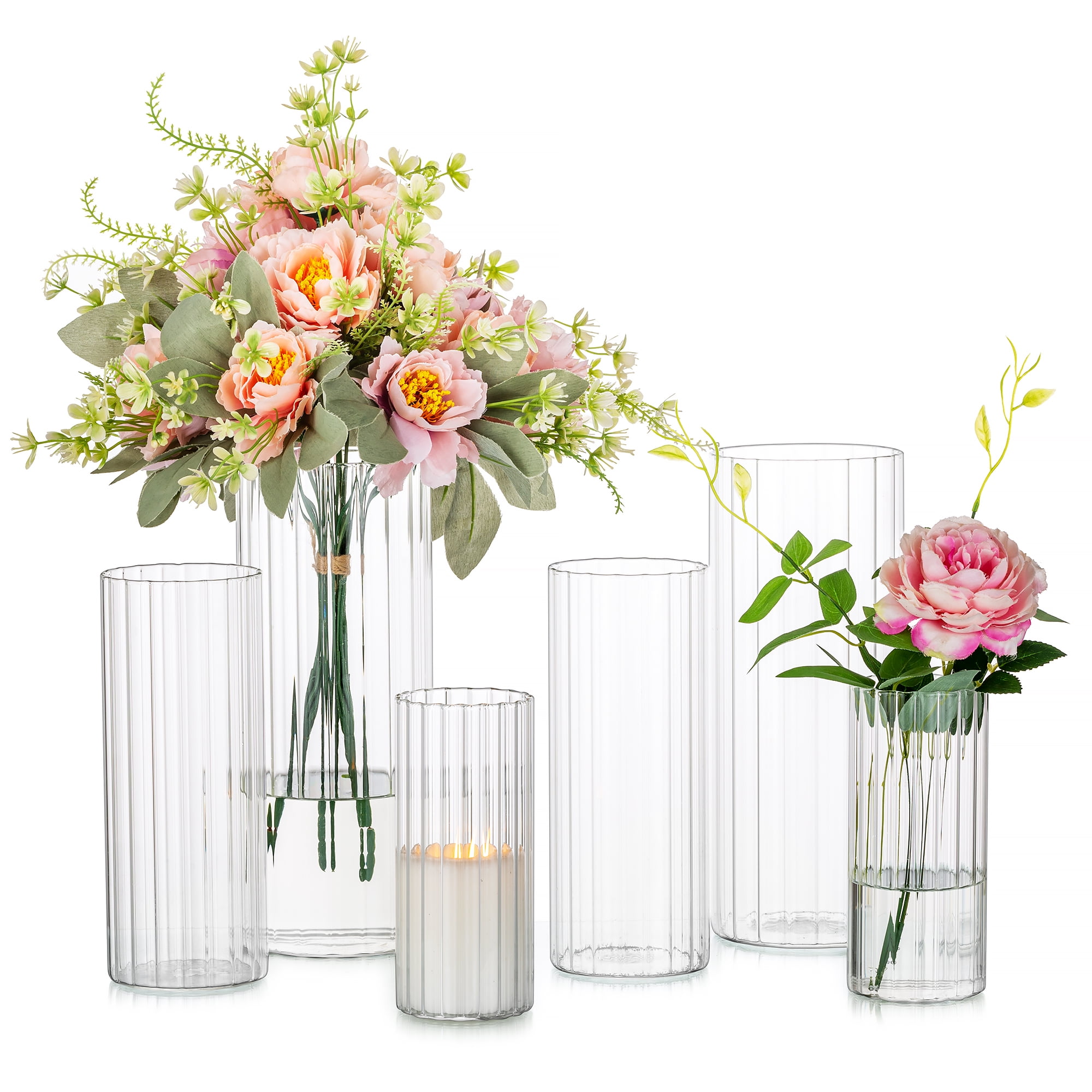Glass Cylinder Centerpiece Vase 6 Pcs Tall Clear Ribbed Vases for