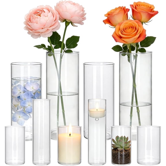 Glass Cylinder Vase,10 Pack Glass Flower Vases,Hurricane Floating Candle Vases for Centerpieces Tables,Tall Cylinder Clear Vase for Centerpieces Wedding Party Home Dcor