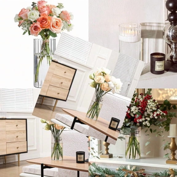 Glass Cylinder Vases Bud Vase for Centerpieces 8 Inch Tall Ribbed Vase Hurricane Floating Candle Holder Decorative Flower Vases for Wedding Reception Home Decor Housewarming Gift Clear