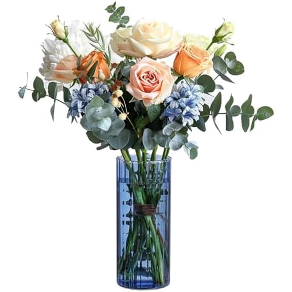 Glass Cylinder Vases, Bud Vase for Centerpieces, 8 Inch Tall Ribbed Vase Hurricane Floating Candle Holder, Decorative Flower Vases for Wedding Reception, Home Decor, Housewarming Gift (Blue)