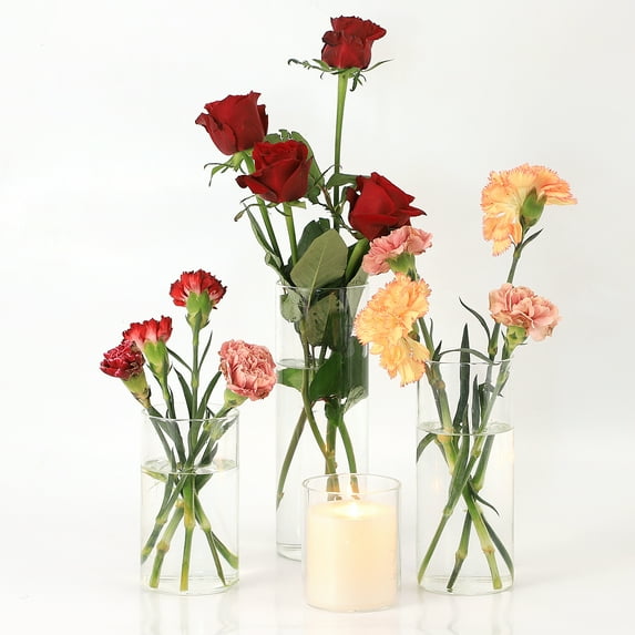 Glass Cylinder Vases, Glass Vases for Centerpieces 4 Pack, Hurricane Glass Candle Holders, Clear Vases for Centerpieces, Glass Vases for Flowers, Weddings, Floating Candles, Table, 4"+6"+8"+10"