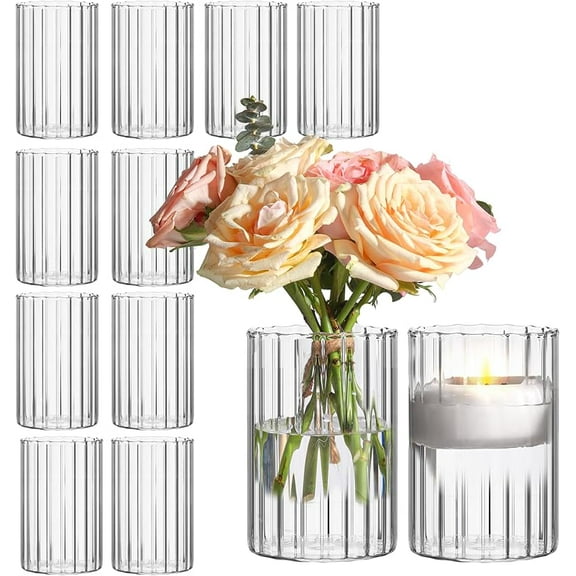 MY Glass Cylinder Vases Pack of 12, Clear Ribbed Bud Vases for Centerpieces Weeding Decoration, 6 inch Tall Clear Flower Vases in Bulk, Hurricane Candle Holder for Party Home Decor