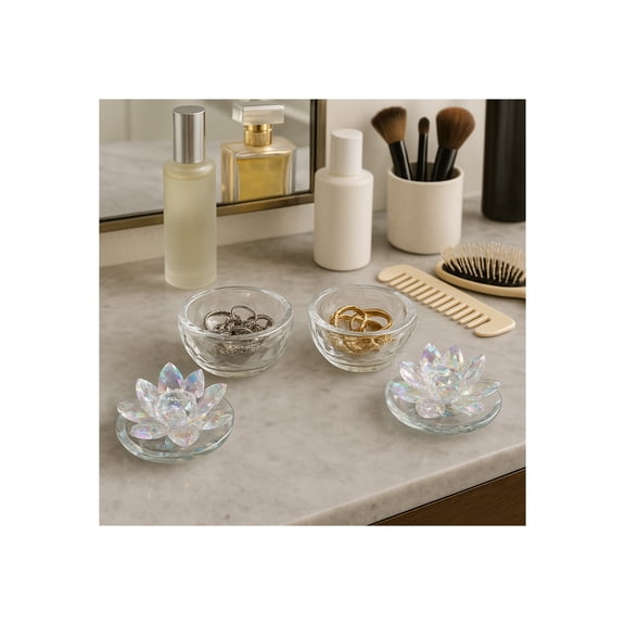 Decorative Glass Boxes with Lotus Flower Lid for Home Decor - Elegant Trinket Decor Box for Jewelry Storage, Bedroom Vanity, or Keepsake - Stylish Home Organizer for Office - Set of 2, 3.25", Clear