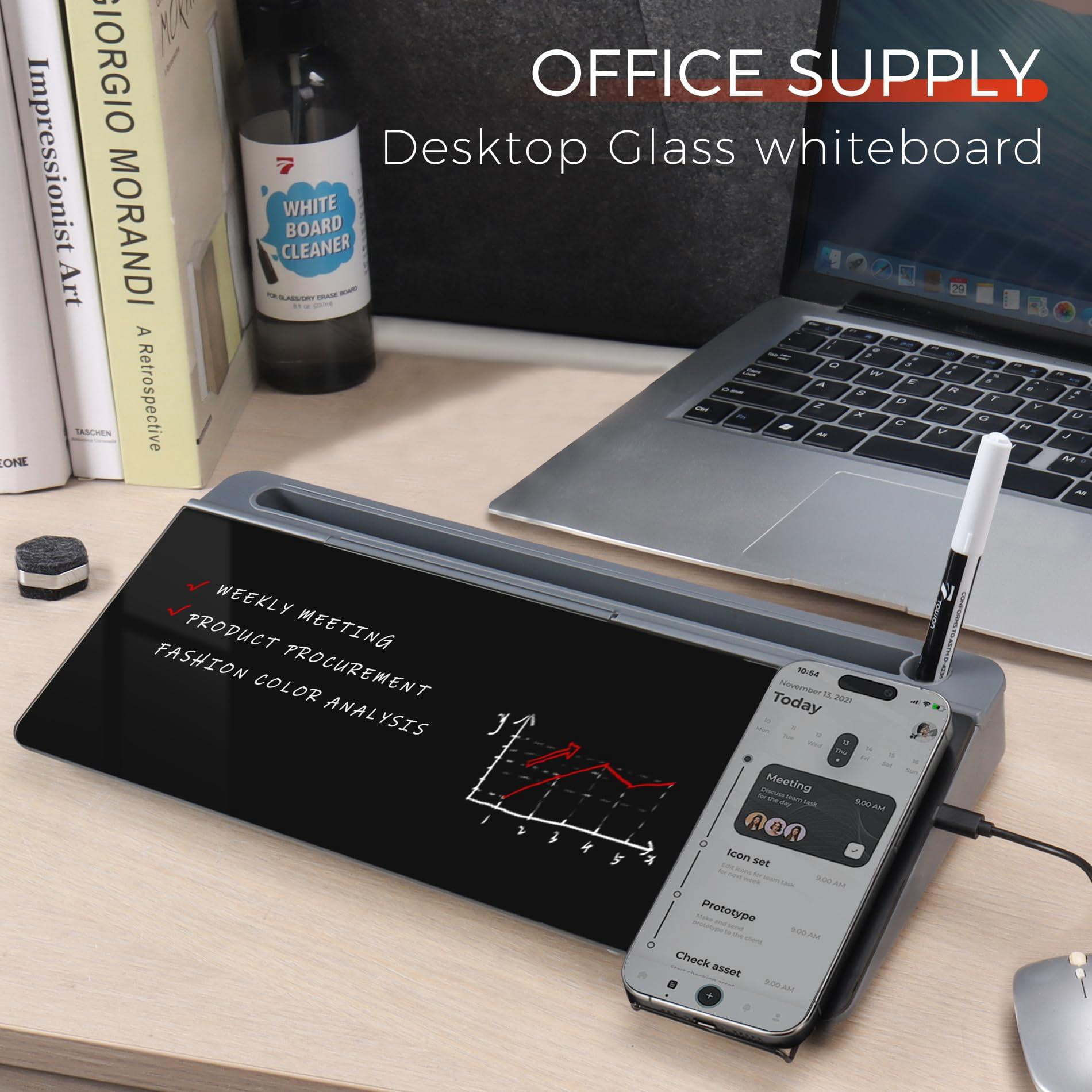 Glass Desk Whiteboard With Wireless  Desktop Dry Erase Board Storage & Phone Stand - Compact ~16 X 7 In Black Includes Marker Eraser Tempered Rewrite Reusable