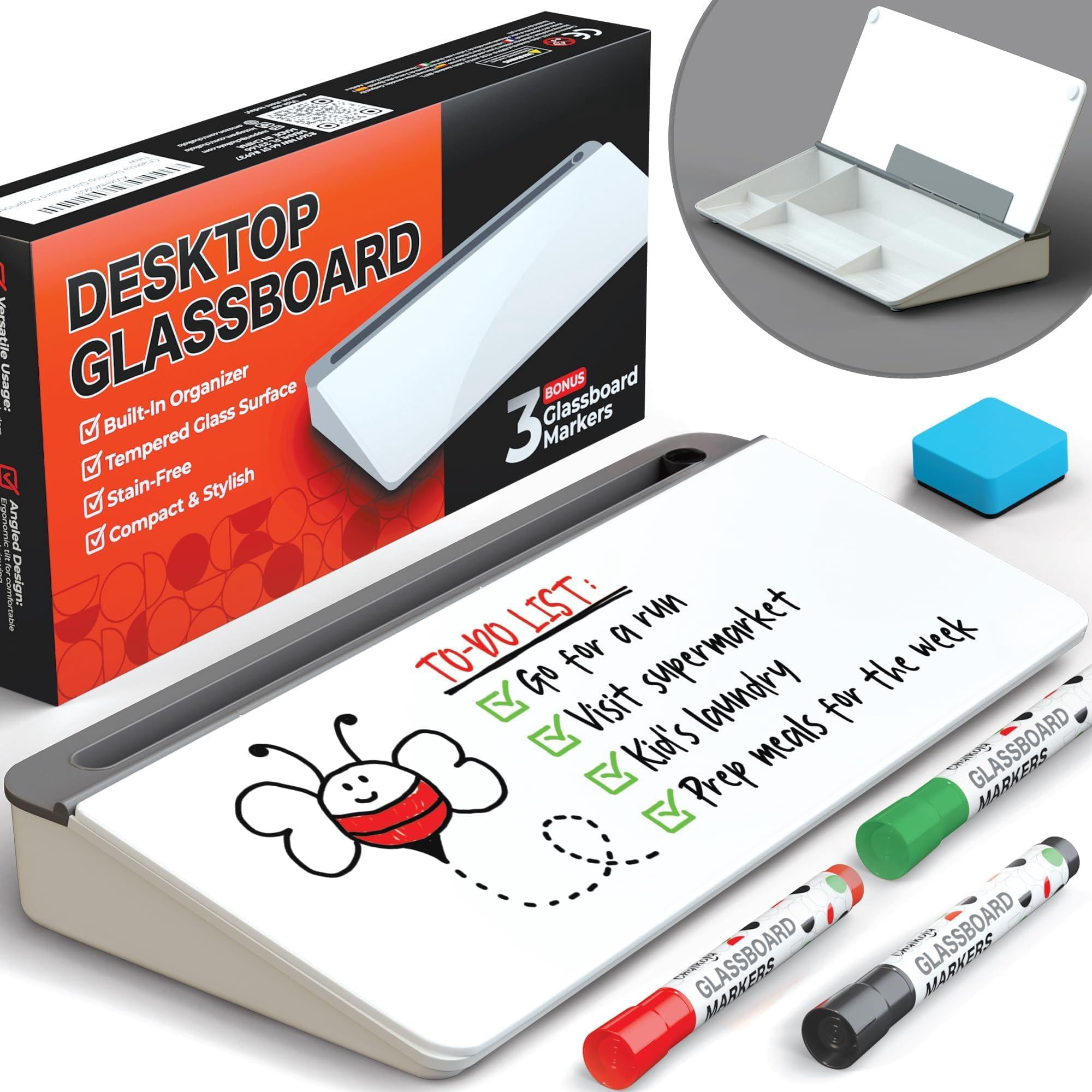 Glass Desktop Whiteboard With Storage - Dry Erase Board  Work Desk Organizers Computer Stand Home Office Accessories Small White Workspace Buddy + 3 Markers