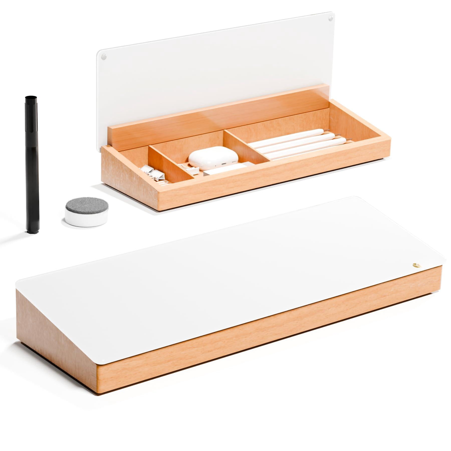 Glass Desktop Whiteboard With Wood Organizer For Small Office Accessories  Aesthetic Desk Dry Erase White Board Drawer Home Cubicle Marker & Eraser Included