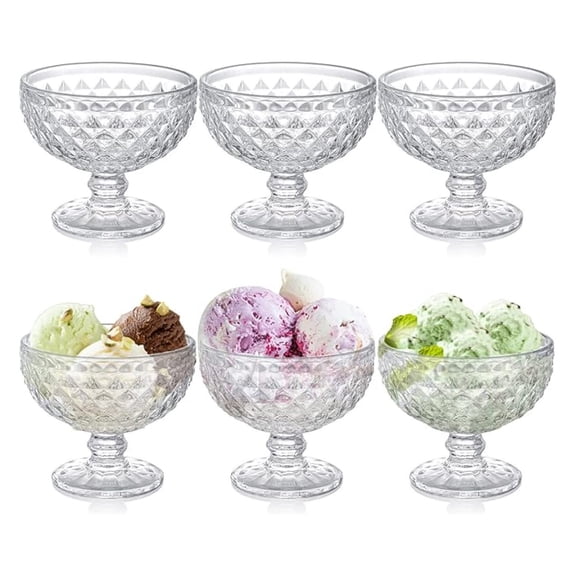 Glass Dessert Bowls Set of 6, 12oz Vintage Sundae Cups - Footed Ice Cream Bowls for Smoothie, Fruit, Yogurt, Trifle, Salad - Elegant Glassware