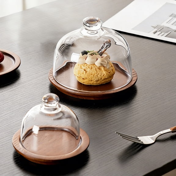 Glass Dessert Dome with Wood Base,Mini Cake Stand,Cake Plate Wooden Plates with Dome,Fruit Display Server Tray for Kitchen,Wedding,Appetizer Dessert and Cheese Serving Stand,L