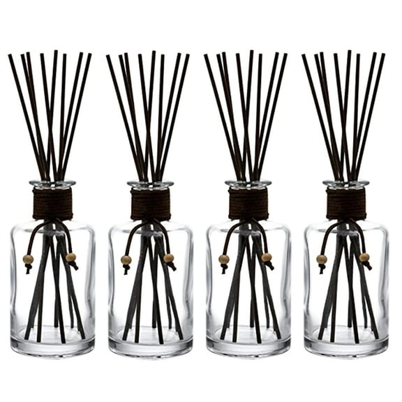 Whole HOUSEWARES | Diffuser with Sticks Set of 4 7.5 oz | Empty Refillable Glass Aromatherapy Diffuser Bottles with Leather Cord and 32pcs Black Fiber Sticks | Reed Diffuser Bottle for Essential Oils
