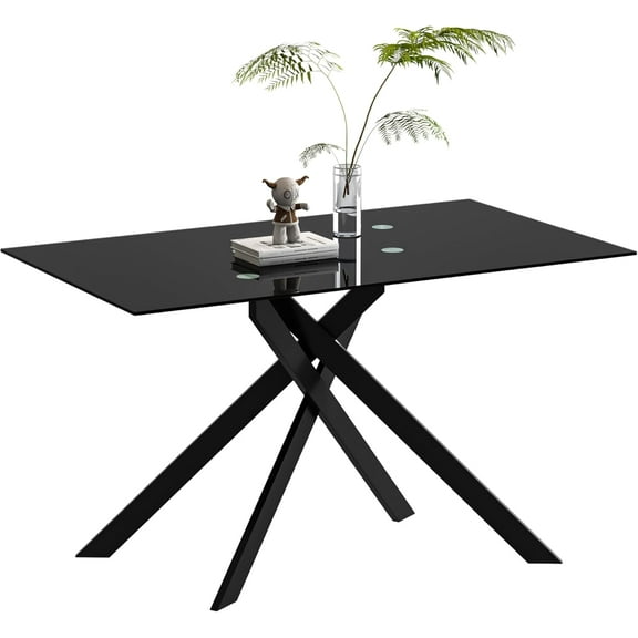 Glass Dining Table for 4 People, 51.2 Inches Rectangular Glass Kitchen Table with Black Steel Legs, Modern Dining Room Table for Dinner Kitchen Dining Room,All Black