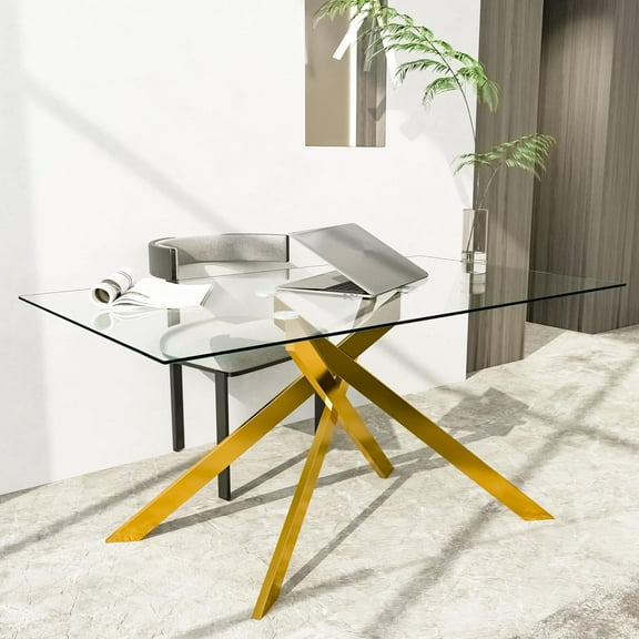 Glass Dining Table for 4 People, 51.2 Inches Rectangular Glass Kitchen Table with Golden Steel Legs, Modern Dining Room Table for Dinner Kitchen Dining Room