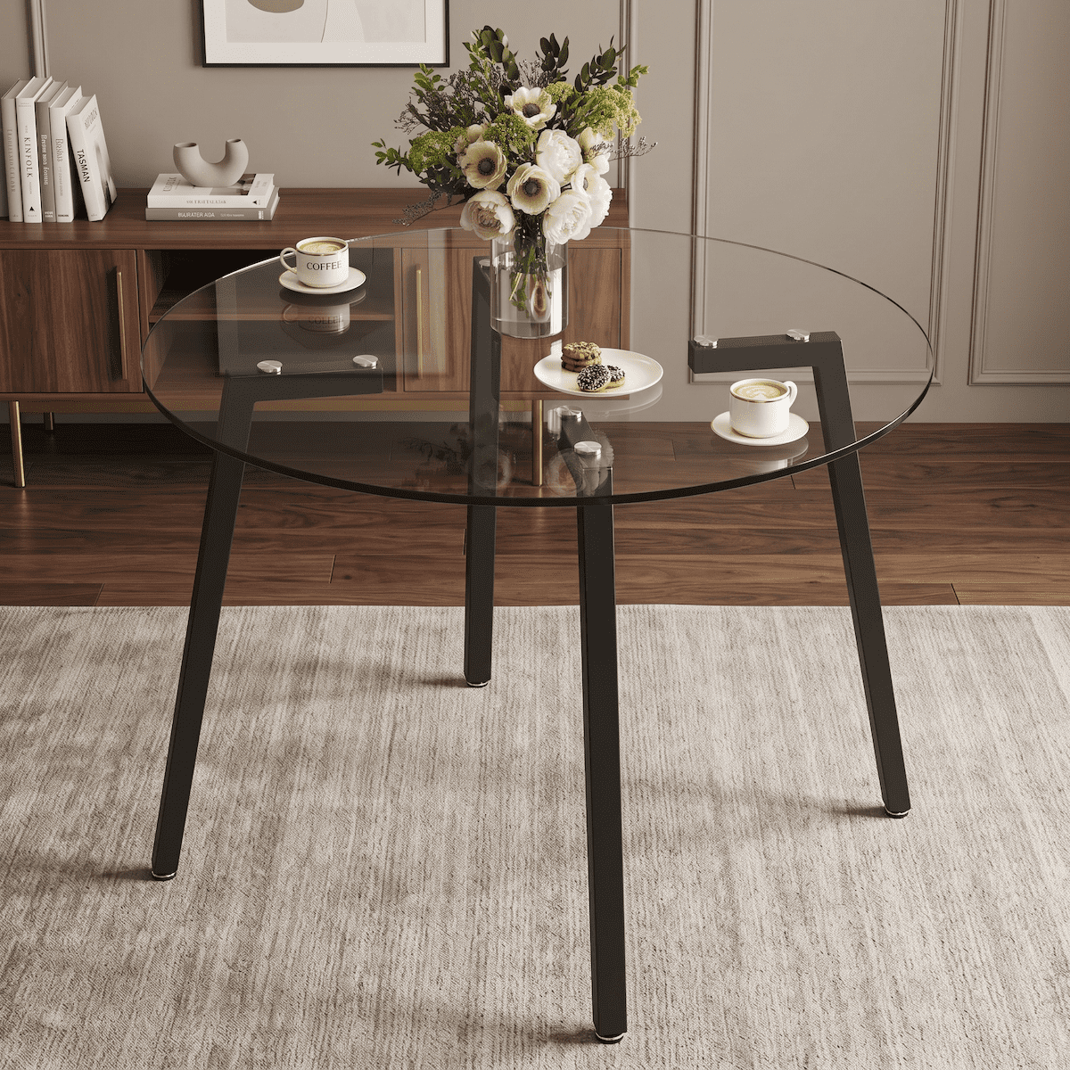 Glass Dining Table 42 Inch Round, Tempered Glass Tabletop with Black Metal Legs, Modern Round Coffee Table for Kitchen, Dining Room and Living Room, Clear Tempered Glass Table, Easy Assembly