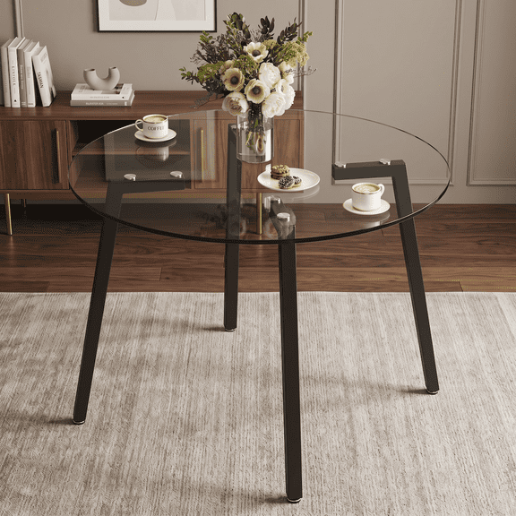 Glass Dining Table 42 Inch Round, Tempered Glass Tabletop with Black Metal Legs, Modern Round Coffee Table for Kitchen, Dining Room and Living Room, Clear Tempered Glass Table, Easy Assembly