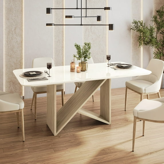 Glass Dining Table for 6, Italian-Style 6-Seater Dining Table with Tempered Glass Top and Elegant Wood Base, Modern and Sophisticated Design for Dining Rooms, Warm Beige and Light Oak