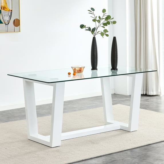 Modern Minimalist Rectangular Glass Dining Table, 0.4" Tempered Glass Top, for 6-8