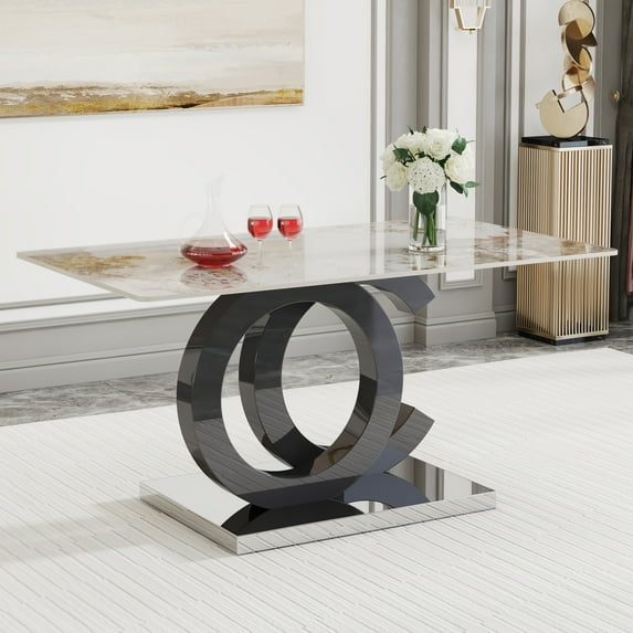 Glass Dining Table, Large Modern Minimalist with Tempered Glass Tabletop, MDF OC Shaped Bracket and Metal base, Rectangular Table for 6-8 People, Dining Room,Kitchen, Living Room, White+Black