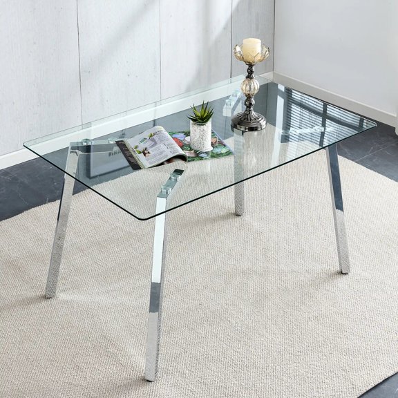 Glass Dining Table Rectangular Tempered Glass Tabletop Plating Metal Legs