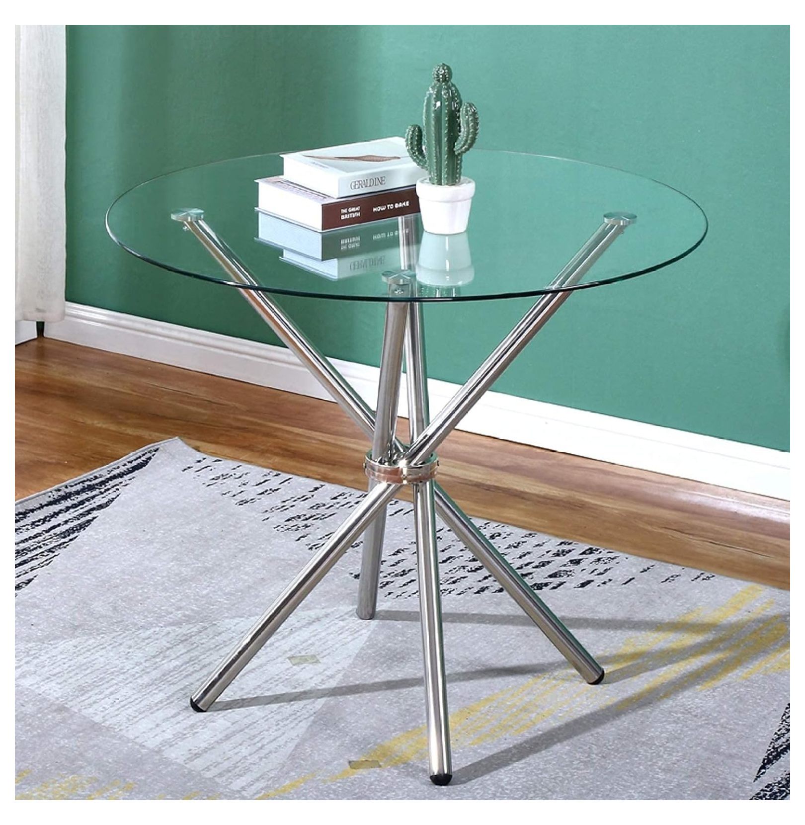 Glass Dining Table, Round Kitchen Table with Chrome Legs, Modern