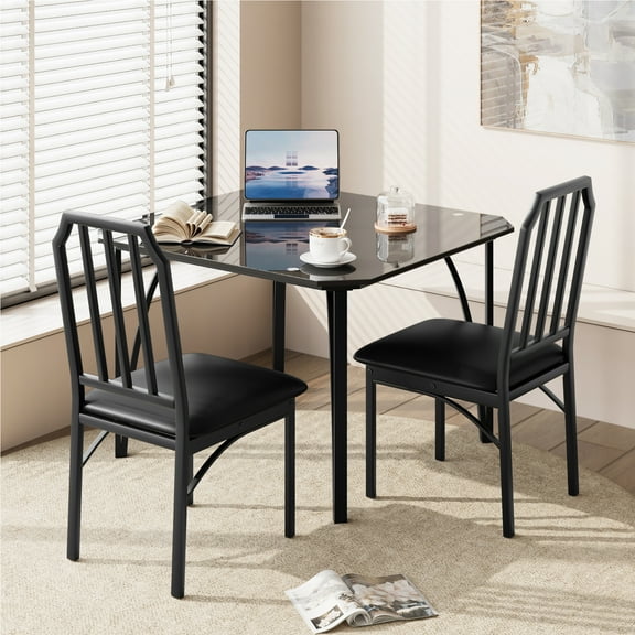 Glass Dining Table Set for 2/4, Kitchen Table and Chairs Set with Padded Seats, 3/5 Piece Dining Room Table Set with Angular Design for Small Space, Home Kitchen, Apartment-Black Glass