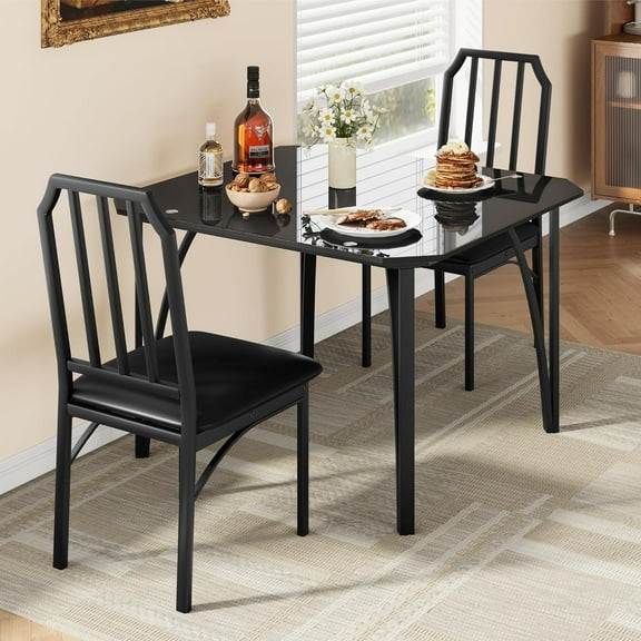 Glass Dining Table Set for 2, Kitchen Table and Chairs for 2 with with Chamfer Design, 3Pcs Dining Room Table Set with Cushion Seats for Small Space, Home Kitchen, Apartment-Glass