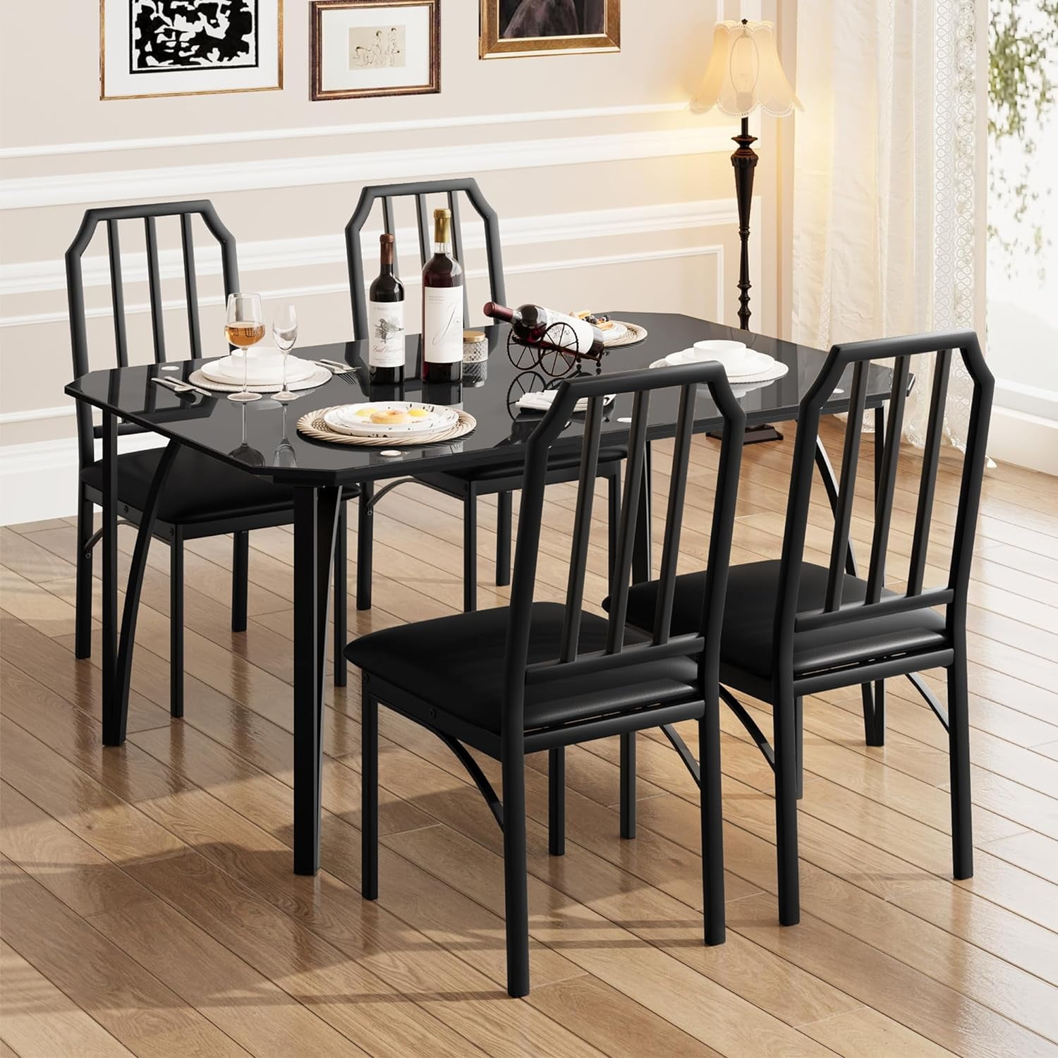 AWQM 5-Piece Dining Set For 4 - Glass Top Table & 4 PU Leather Chairs, Black, Space-Saving For Apartments - View #5