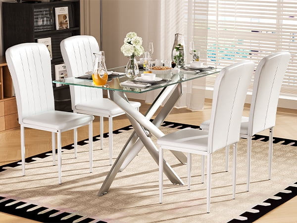 47.24 Inch Rectangle Glass Dining Set for 4, 5-Piece Modern Tempered Glass Table + 4 White Leather-Like Chairs (Silver + White) - 500 LBS Capacity