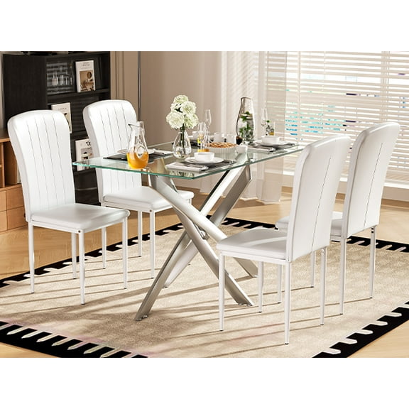 47.24 Inch Rectangle Glass Dining Set for 4, 5-Piece Modern Tempered Glass Table   4 White Leather-Like Chairs (Silver   White) - 500 LBS Capacity