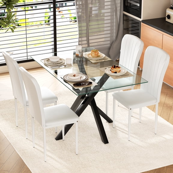 51.18 Inch Rectangle Glass Dining Table Set for 4, 5-Piece Modern Tempered Glass Table   4 White Leather Chairs (White   Black) - 500 LBS Capacity