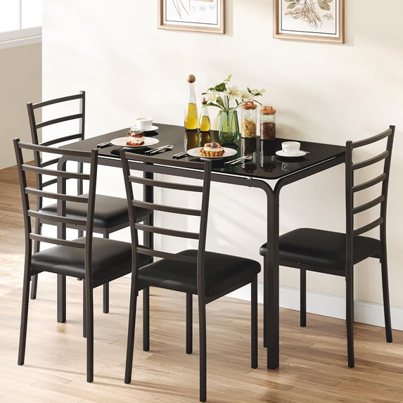 Glass Dining Table Set for 4, Kitchen Table and Chairs for 4, 5Pcs Kitchen Dining Room Table Set,Space-Saving Wood Modern Rectangle Dinner Table Dinette Furniture for Breakfast Nook,Home Office