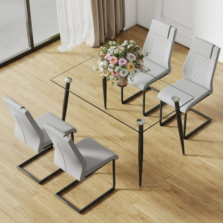 Glass Dining Table Set for 4, Modern Kitchen Table and PU - Main Image
